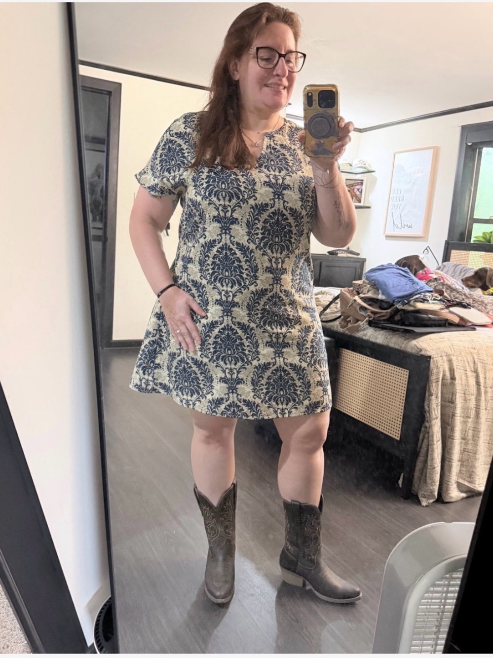 Blue and Cream Short-Sleeve Mini Dress - Elegant Damask Print
